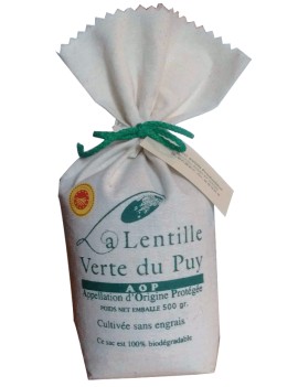 Lentilles vertes du Puy en sac tissu 500 grs la brûlerie le Puy en Velay